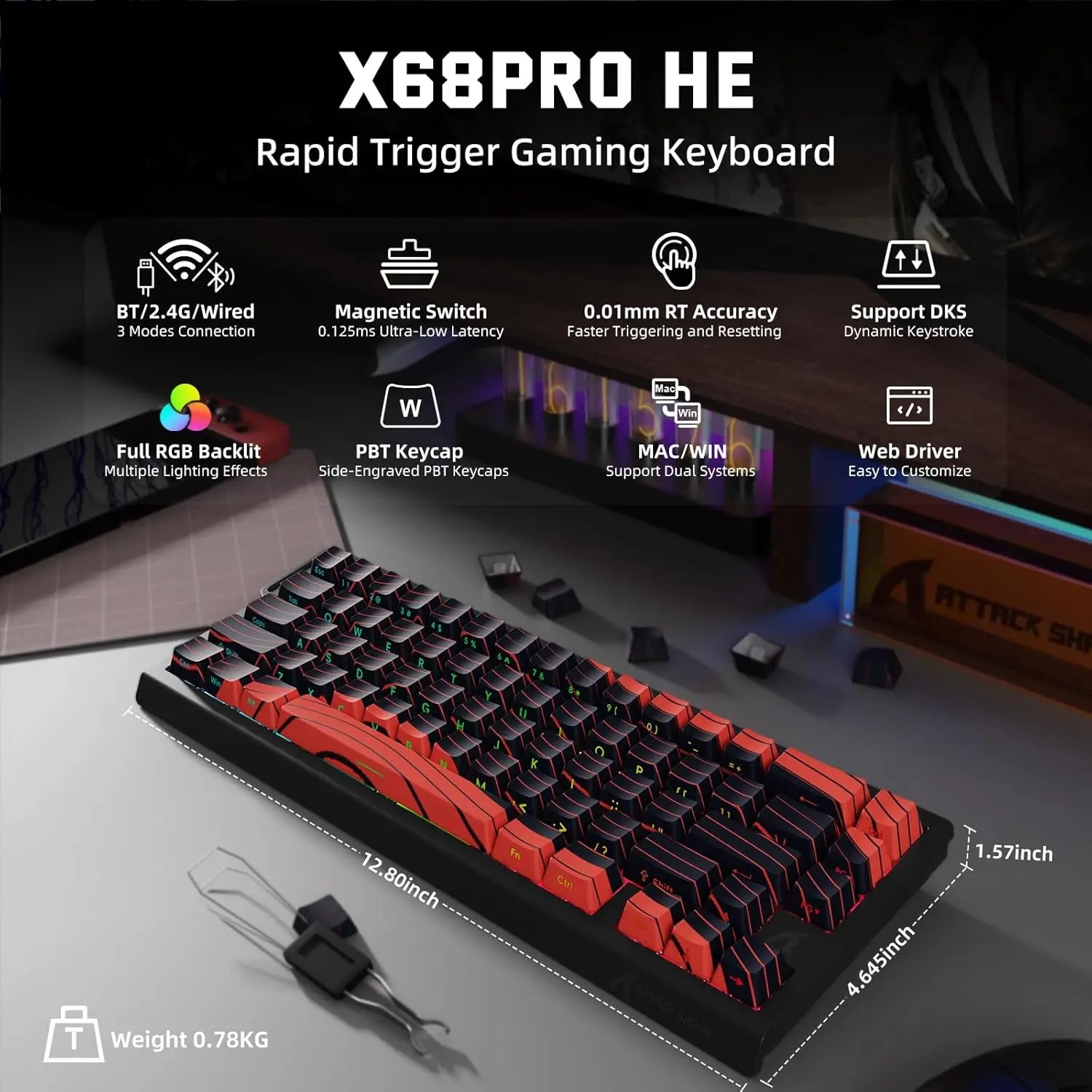 Gaming Keyboard Hot Swappable - ATTACK SHARK X68 PRO HE Teclado
